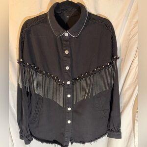 WOMEN'S RELAXED FIT DENIM JACKET WITH FRINGE & STUDS  WESTERN BOHO STYLE